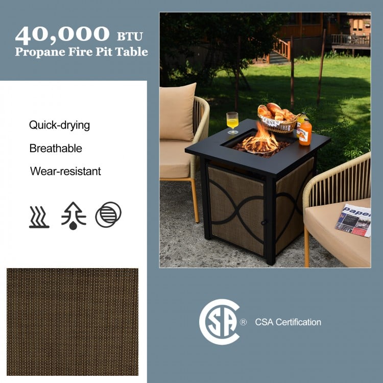 25-inch propane fire pit table with quick-drying fabric and easy-access door, perfect for outdoor patio relaxation.