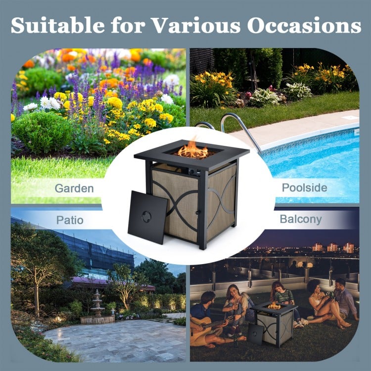 25-inch propane fire pit table with lid and fire glass, ideal for patio, garden, or poolside gatherings.