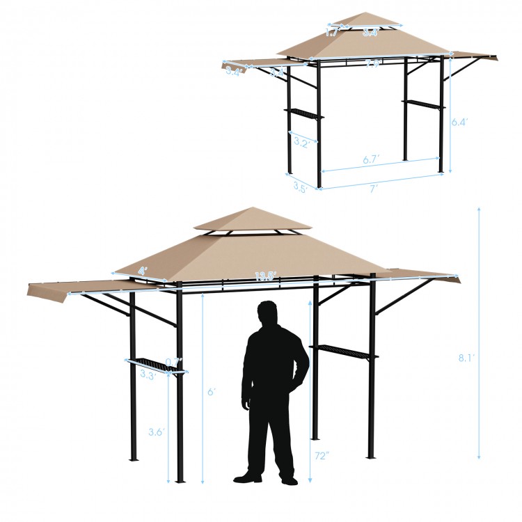 Patio BBQ grill gazebo canopy with dual side awnings, beige, 13.5 x 4 ft, ideal for outdoor cooking and gatherings.