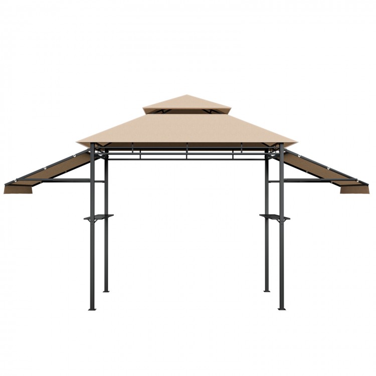 Patio BBQ grill gazebo canopy in beige with dual side awnings, offering spacious outdoor cooking and ventilation.