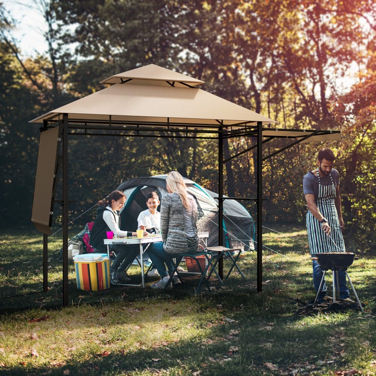 Patio BBQ grill gazebo canopy in beige with dual side awnings, providing shade for outdoor cooking and gatherings.