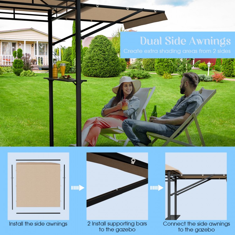 Patio BBQ grill gazebo with dual side awnings in beige, providing extra shade and space for outdoor cooking and.