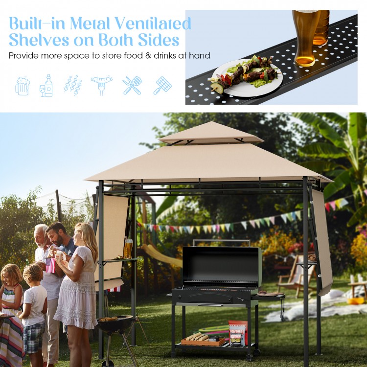 Patio BBQ grill gazebo with beige canopy, dual side awnings, and built-in shelves for outdoor cooking convenience.