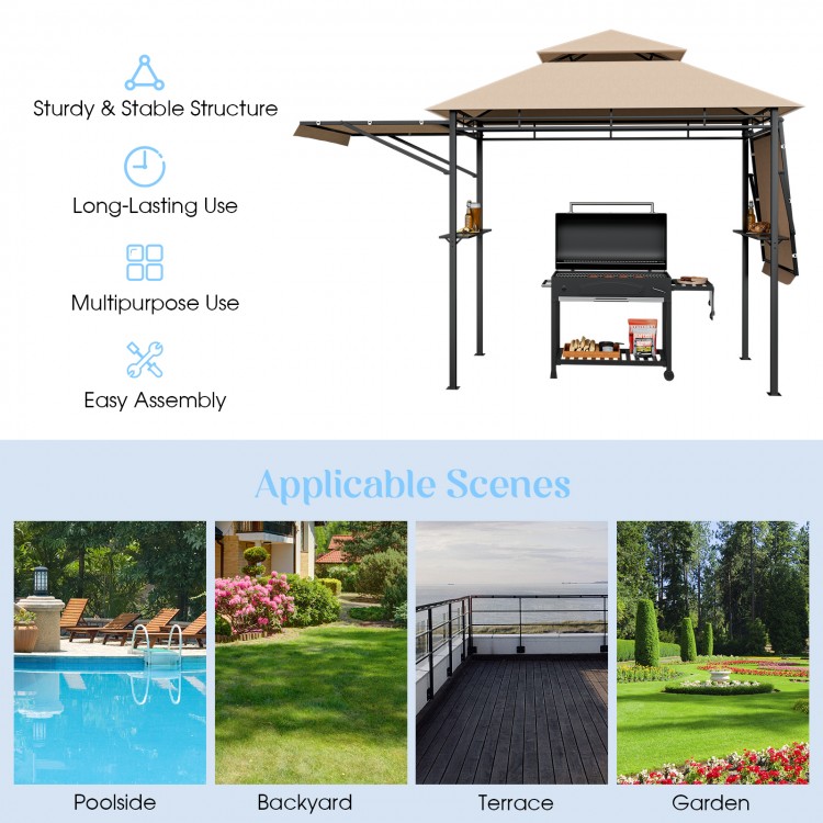 Patio BBQ grill gazebo with beige canopy, dual side awnings, and sturdy steel frame for outdoor cooking and gatherings.