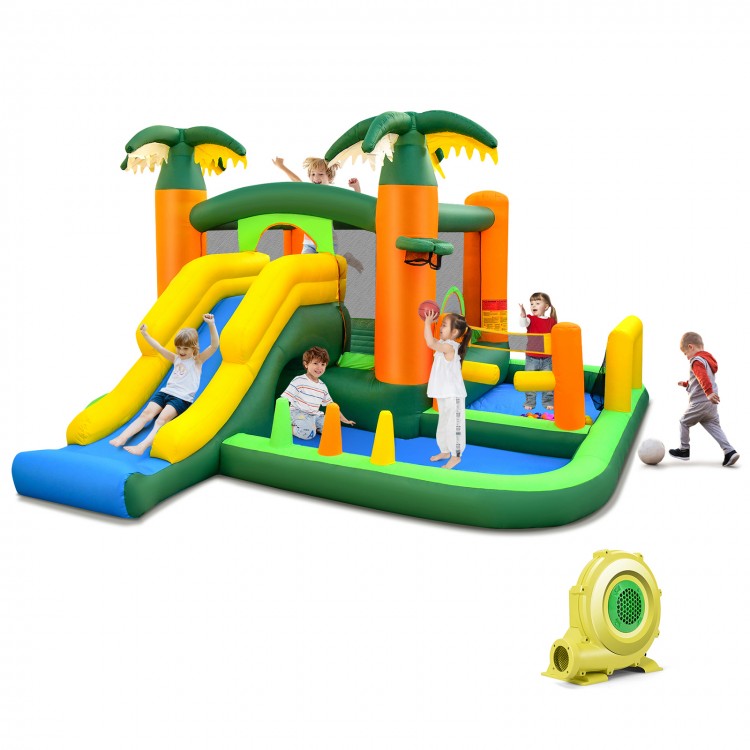 Colorful inflatable bounce house with slide, basketball hoop, and ball pits for indoor and outdoor fun for kids.