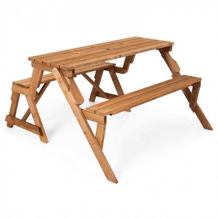 Transforming wooden picnic table bench with umbrella hole, accommodates 4 people for outdoor gatherings.
