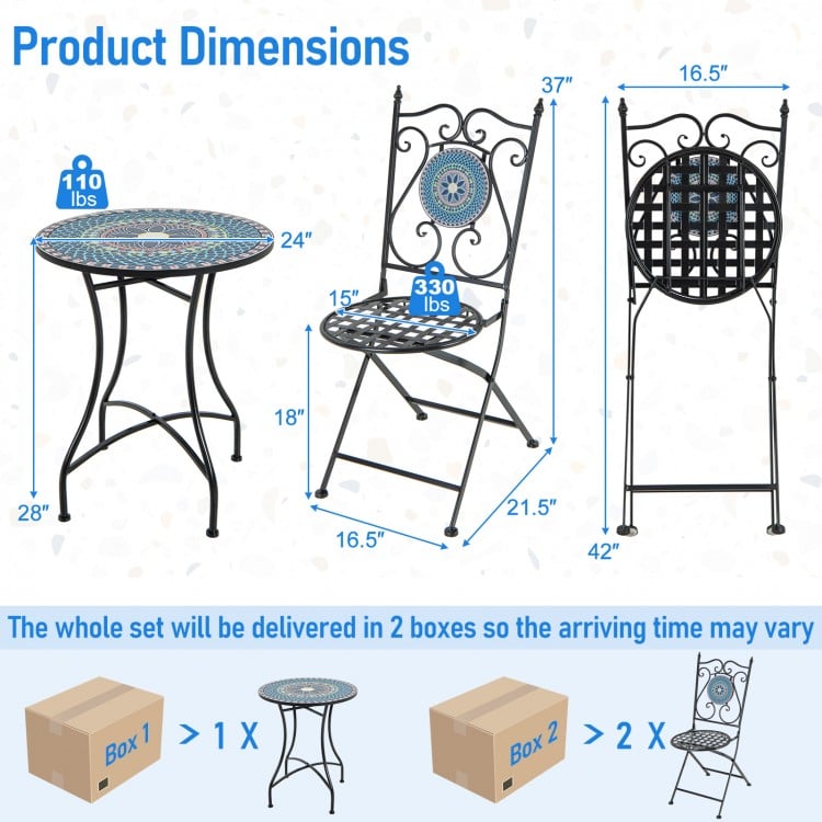 Mosaic-patterned 3-piece patio bistro set dimensions, featuring a heavy-duty metal frame for stability and comfort.