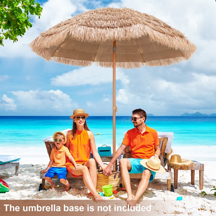 Thatched tiki umbrella with a durable polyester canopy, perfect for beach relaxation and sun protection.