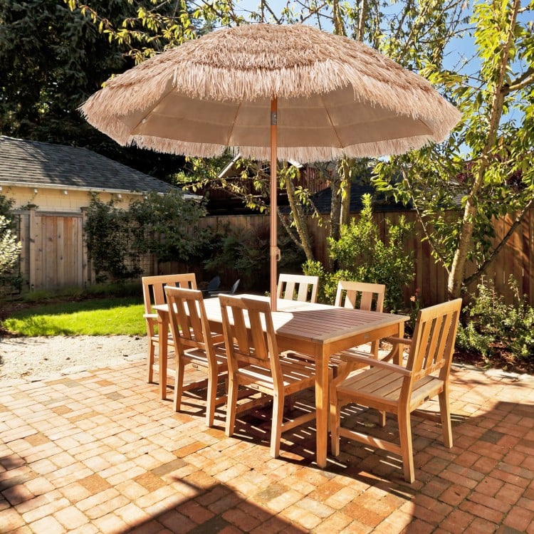 Thatched tiki umbrella with a sturdy frame and 7-layer dense thatch, perfect for patio or beach use.