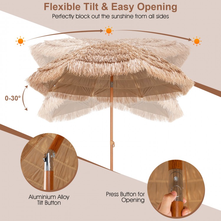 7.2 feet Hawaiian hula beach umbrella with thatched canopy, durable polyester, and tilting feature for sun protection.