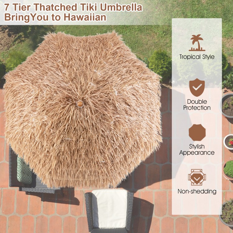 7.2 feet patio thatched tiki umbrella with 7-layer thatch for UV protection, ideal for tropical outdoor spaces.