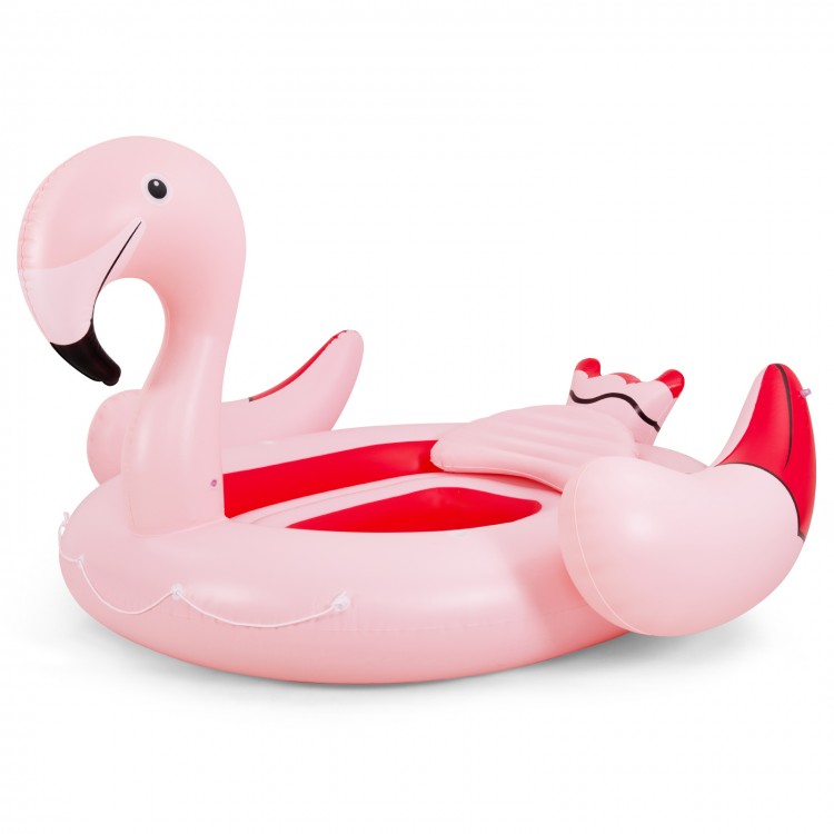 Inflatable pink flamingo floating island for 4-6 people with 6 cup holders, ideal for pool and river fun.