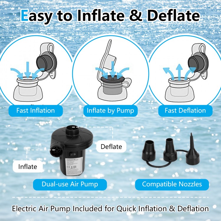 Electric air pump included for quick inflation and deflation of the 6-person inflatable flamingo floating island.