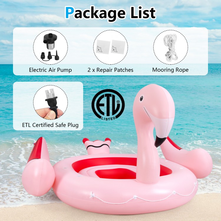 Inflatable flamingo floating island for 4-6 people, featuring 6 cup holders and an electric air pump for easy setup.