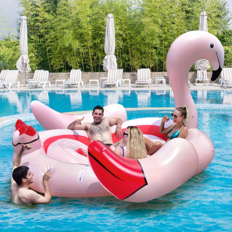 Inflatable flamingo floating island for 4-6 people with 6 cup holders, perfect for pool parties and relaxation.