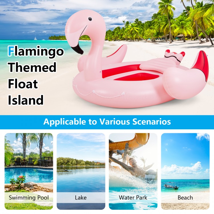 Inflatable flamingo floating island for 4-6 people with 6 cup holders, perfect for pool and beach parties.