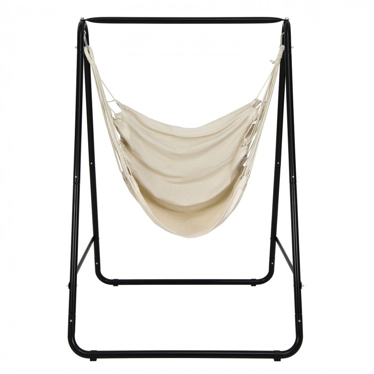 Hanging padded hammock chair with heavy-duty steel stand in beige, ideal for indoor or outdoor relaxation.