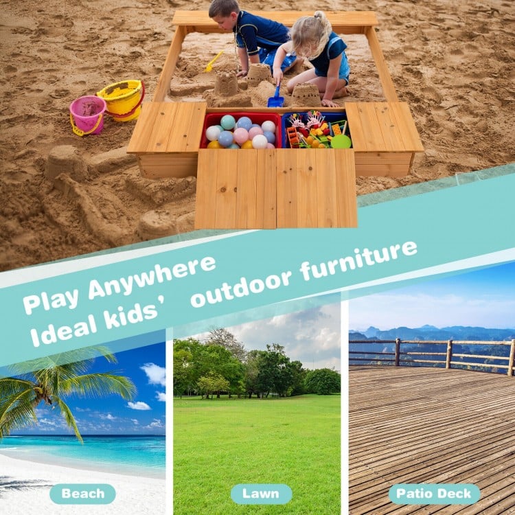 Kids wooden sandbox with bench seats and storage boxes, perfect for outdoor play on beach, lawn, or patio deck.