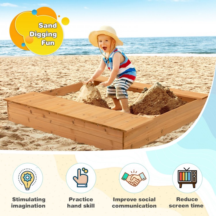 Kids wooden sandbox with bench seats, made of cedar, perfect for outdoor play and socializing with friends.
