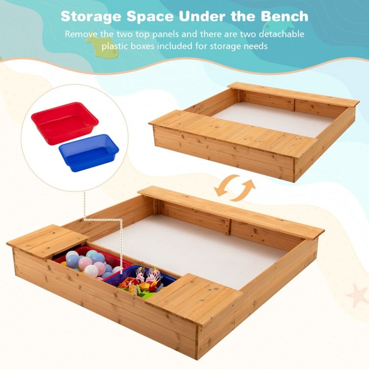 Kids wooden sandbox with bench seats, featuring removable top panels and detachable storage boxes for organized play.