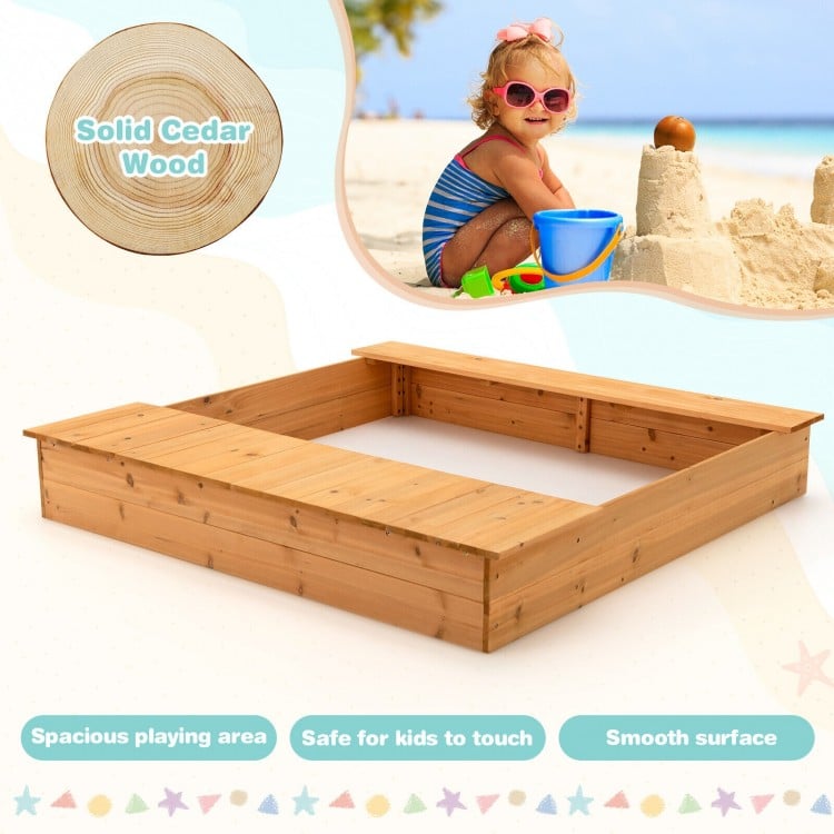 Kids wooden sandbox made of solid cedar wood with bench seats, spacious for 2-4 children to play safely outdoors.