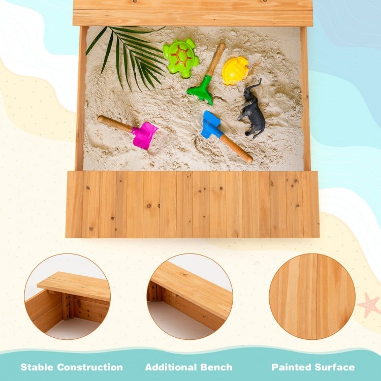 Kids wooden sandbox with benches, featuring a spacious play area and detachable storage boxes for outdoor fun.