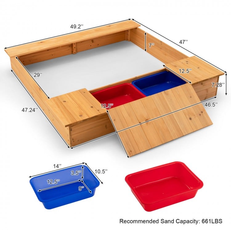 Kids wooden sandbox with bench seats and storage boxes, made of solid cedar wood, ideal for outdoor play and creativity.