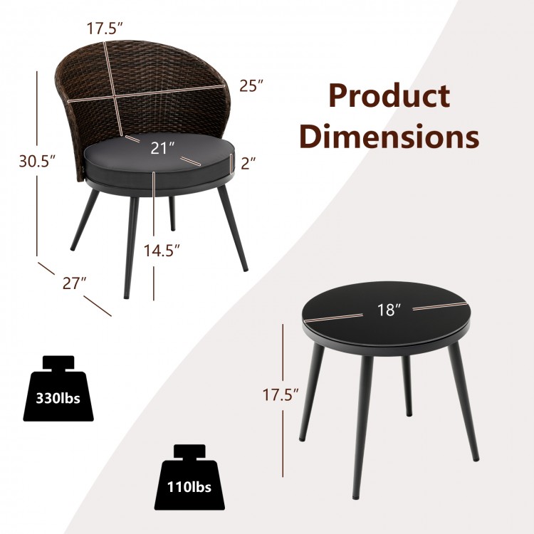 Curved backrest chair with soft cushion and tempered glass tabletop, part of a 3-piece patio rattan bistro set.