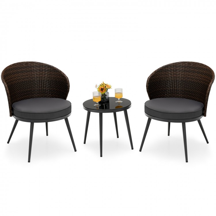 3-piece patio rattan bistro set with curved backrest chairs and tempered glass tabletop, ideal for outdoor relaxation.