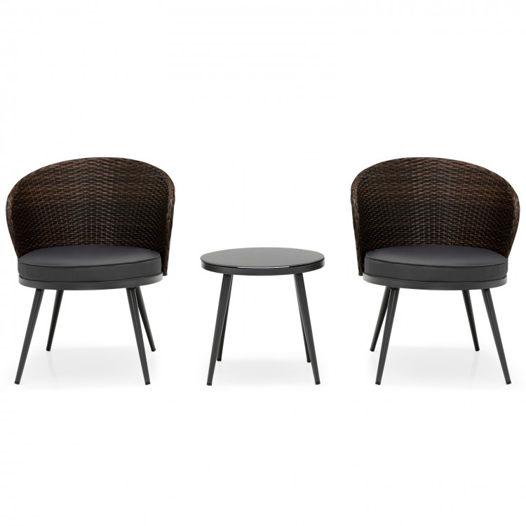 3-piece patio rattan bistro set with curved backrest chairs and tempered glass tabletop, perfect for outdoor relaxation.