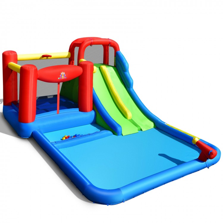Inflatable water slide with mesh walls and vibrant colors, featuring a ball pit pool for exciting outdoor playtime.