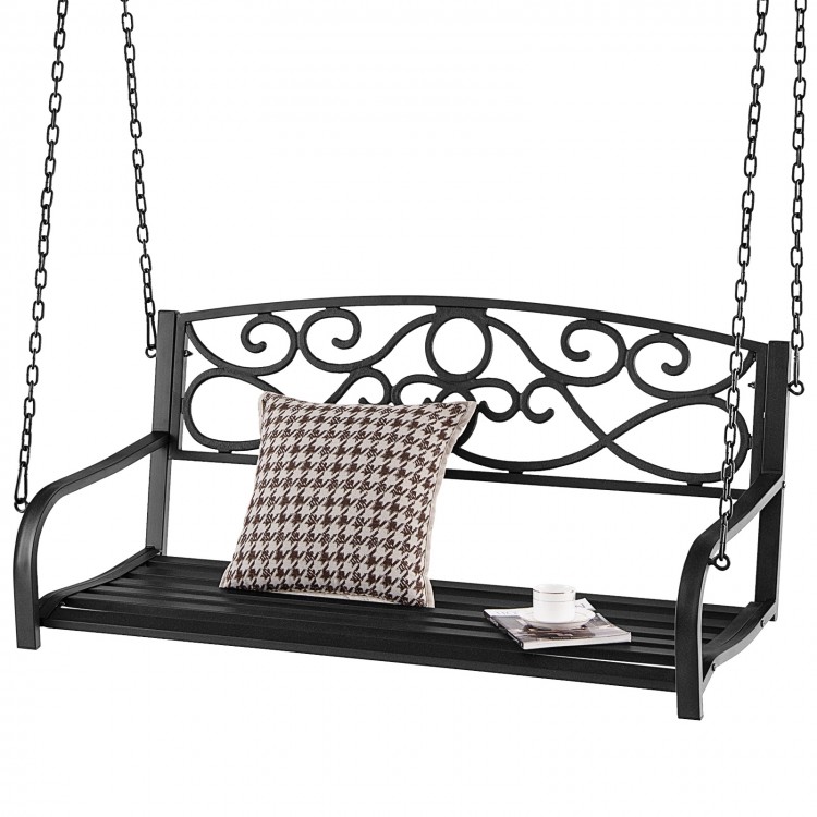 Black outdoor 2-person metal porch swing chair with chains, featuring curved armrests and a spacious seat for comfort.