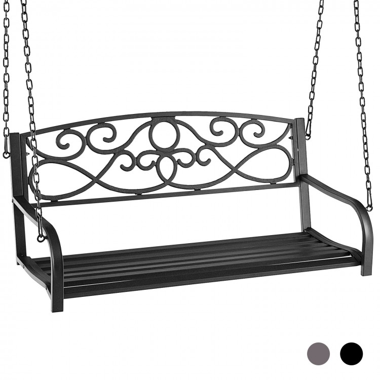 Outdoor 2-person metal porch swing chair in black with elegant design, featuring curved armrests and sturdy chains for.
