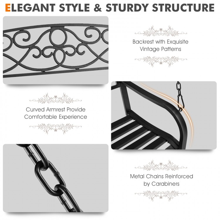 Curved armrests and vintage patterns on the black metal porch swing chair, perfect for outdoor relaxation.