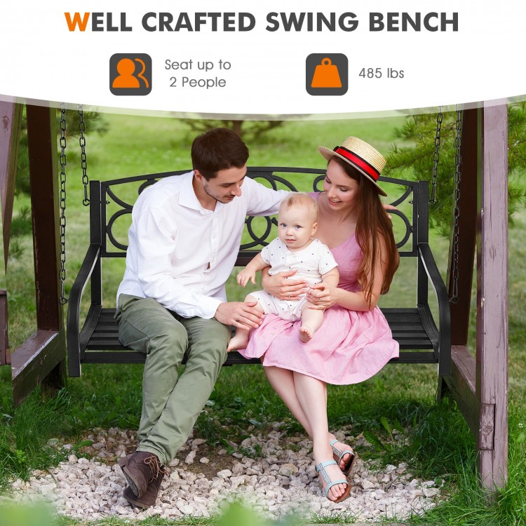Outdoor 2-person metal porch swing chair in black, featuring curved armrests and a spacious seat for comfort.