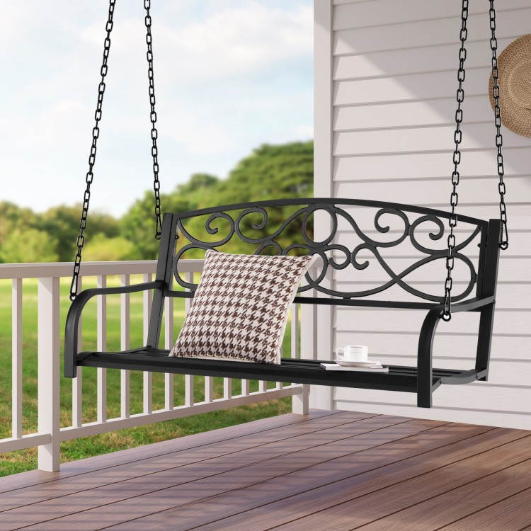 Black outdoor 2-person metal porch swing chair with chains, featuring a cozy design and spacious seat for relaxation.