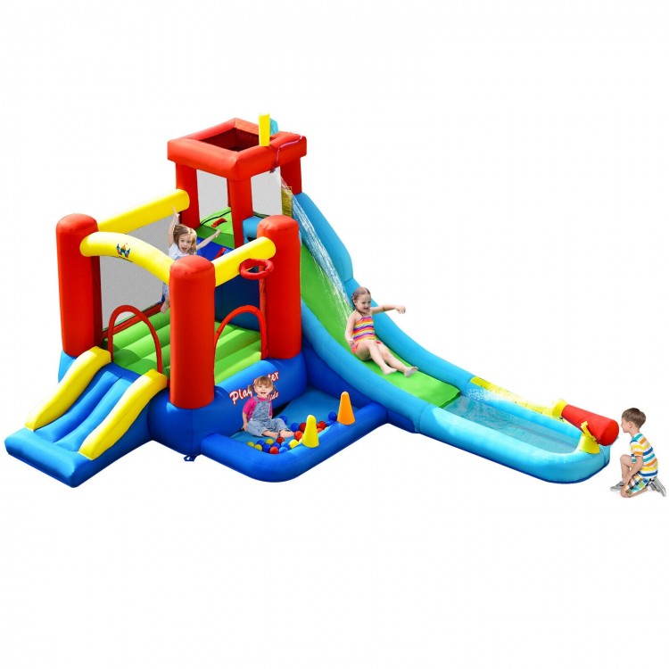 Colorful 9-in-1 inflatable kids water slide bounce house with slide, ball pit, and splash pool for outdoor fun.