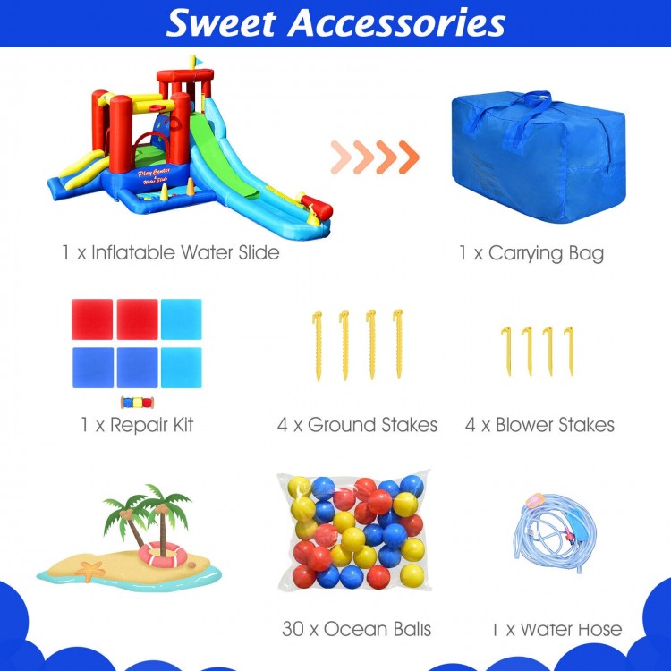 Inflatable kids water slide bounce house with splash pool, ball pit, and accessories for outdoor fun.
