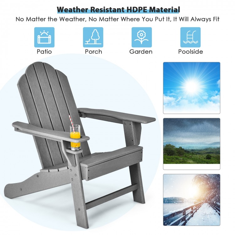 Gray outdoor Adirondack chair with built-in cup holder, made of weather-resistant PE material for patio or porch use.