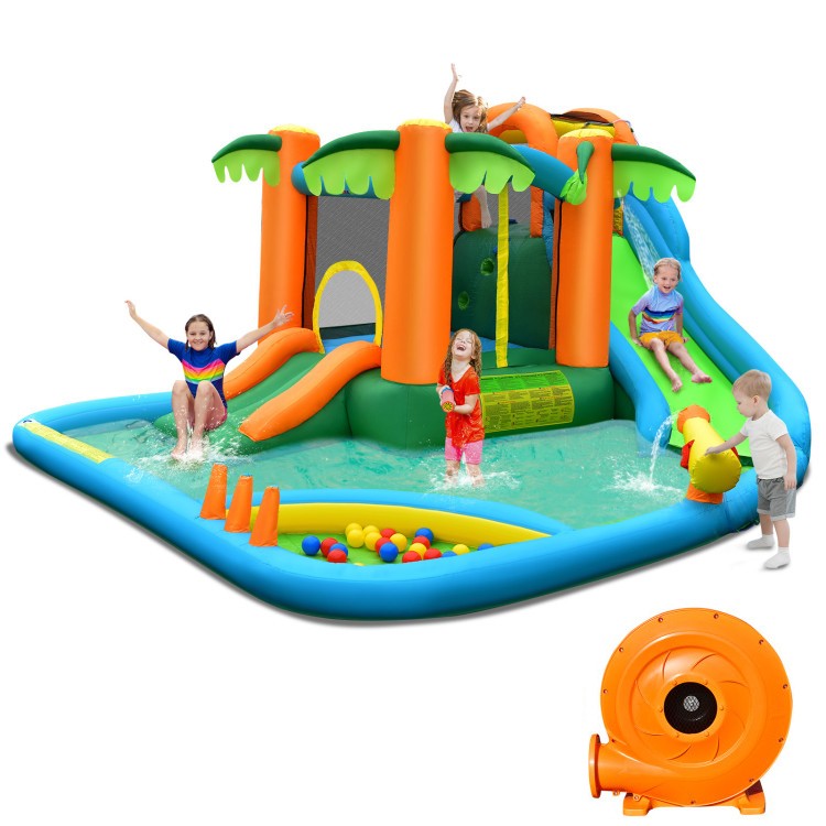 Colorful 7-in-1 inflatable water slide park with palm trees, slides, and splash pool for kids' summer fun.