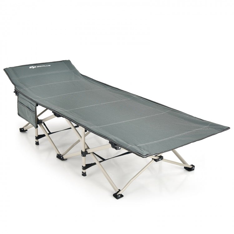 Wide foldable camping cot in gray with slanted head design for comfort, supports up to 882 lbs, ideal for outdoor use.