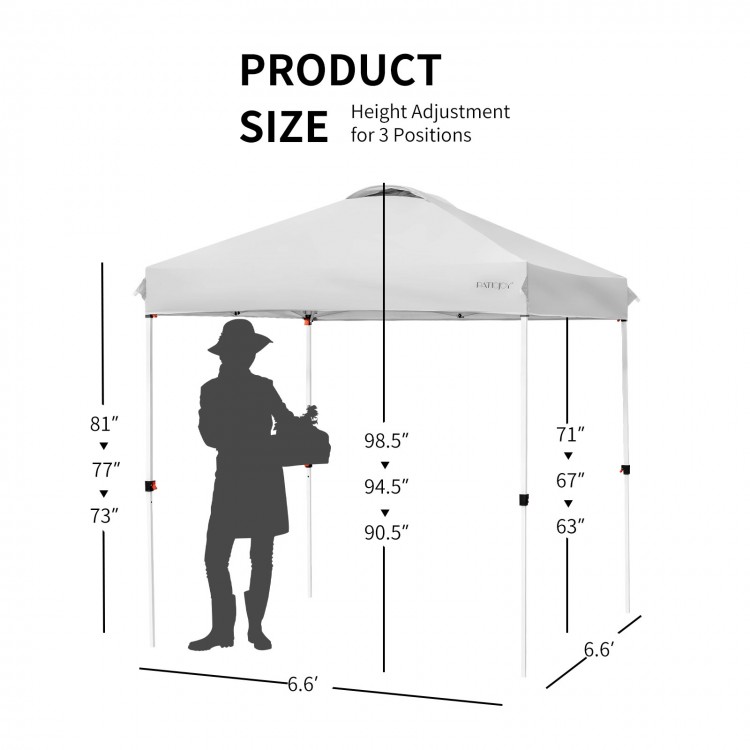 Height-adjustable 6.6 x 6.6 feet gray outdoor pop-up canopy tent with dimensions for easy setup and stability features.