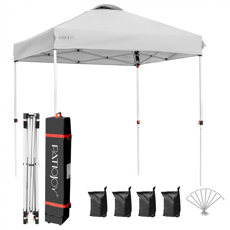 Gray 6.6 x 6.6 feet outdoor pop-up canopy tent with roller bag and weight bags for stable outdoor shade.