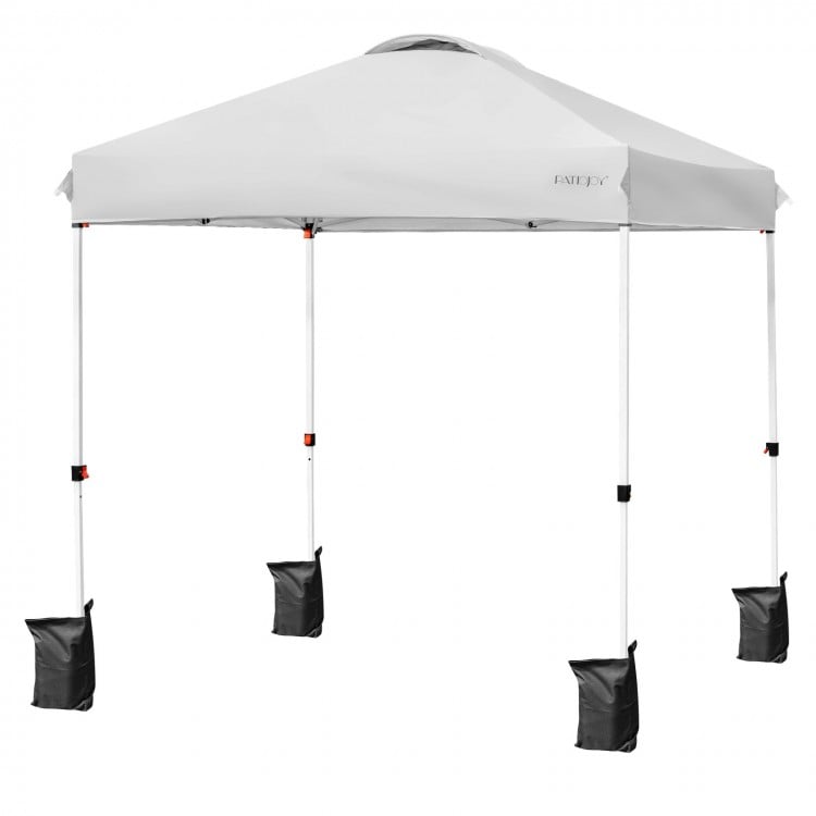 Gray 6.6 x 6.6 feet outdoor pop-up canopy tent with adjustable height and portable roller bag for easy transport.