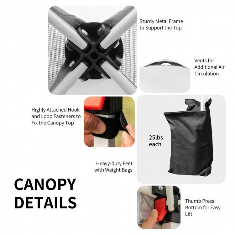 Close-up of the heavy-duty steel frame and weight bags for the 6.6 x 6.6 feet outdoor pop-up canopy tent.