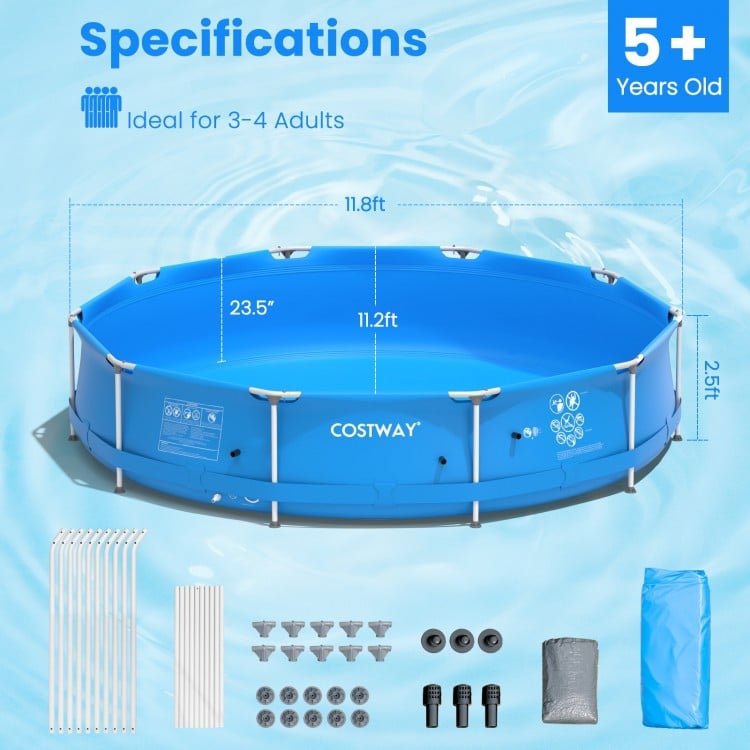 Round above ground swimming pool in blue, 11.8ft diameter, durable PVC fabric, ideal for 3-4 adults, includes pool.