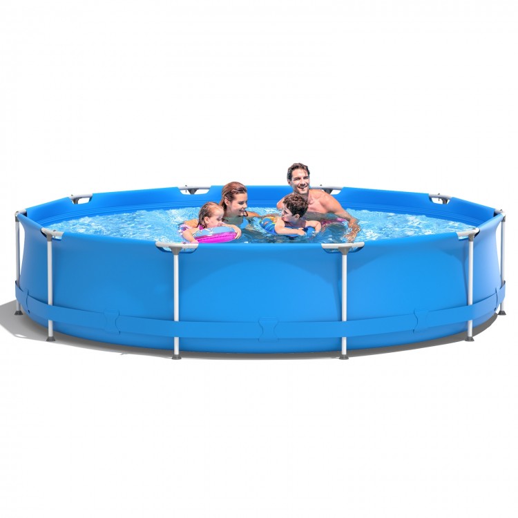 Round above ground swimming pool in blue with family enjoying, made of durable PVC and polyester mesh for outdoor fun.