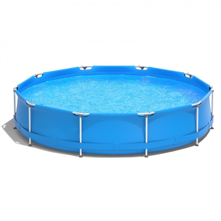 Round above ground swimming pool in blue with durable PVC and polyester mesh, ideal for summer fun with family and.