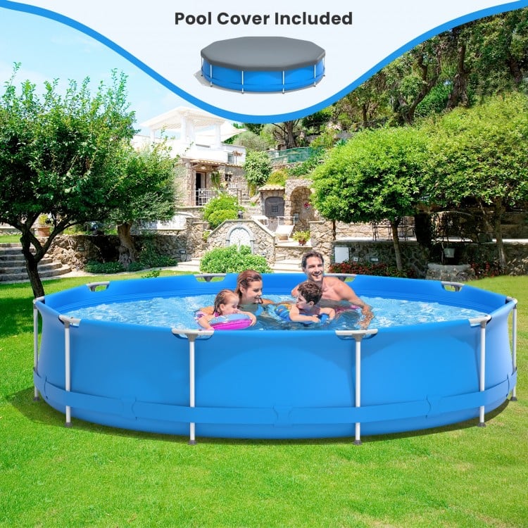 Round above ground swimming pool in blue with durable PVC fabric, suitable for 3-4 people, includes pool cover.