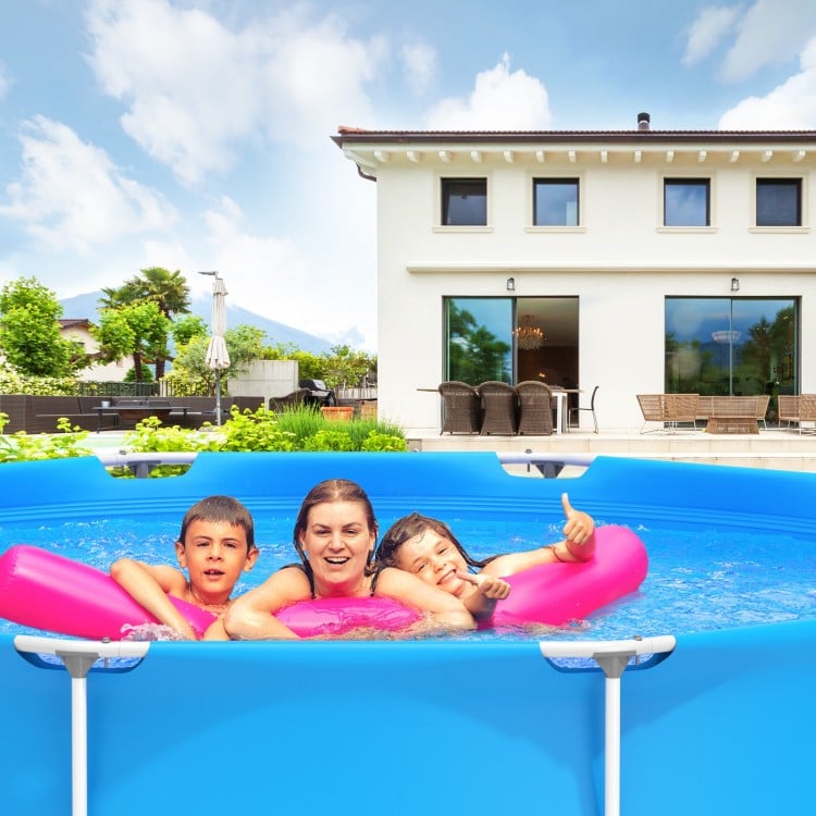 Round above ground swimming pool in blue with family enjoying swimming, suitable for 3-4 people, durable PVC and.